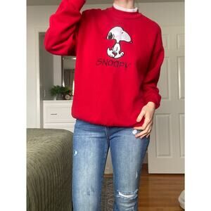 Vintage Snoopy Sweatshirt Adult Large Red Embroidered Peanuts Made In USA 90s